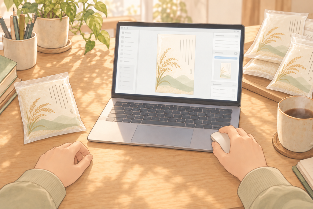 稲穂と山の絵が入ったお米の袋に、縦書きであいさつ文を入れるイラスト